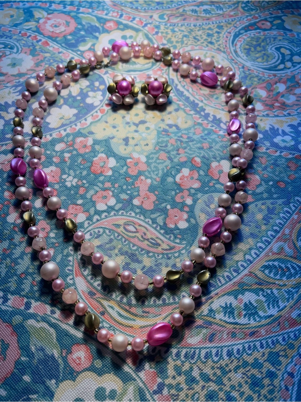 Delicate Pink Multi-Strand Beaded Necklace with Matching Earrings
